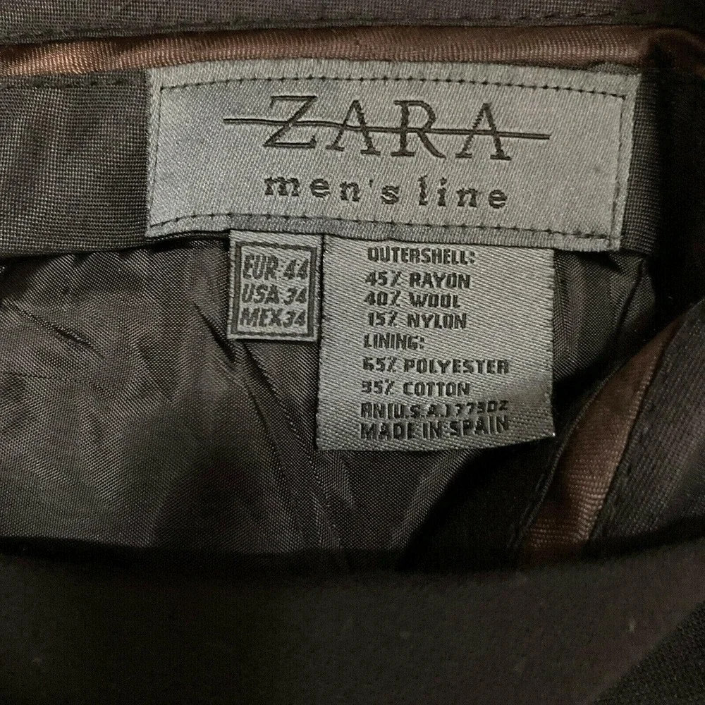 ZARA Dress Pants Mens 34 Black Wool Blend Flat Front Lined Slacks Trousers Corp